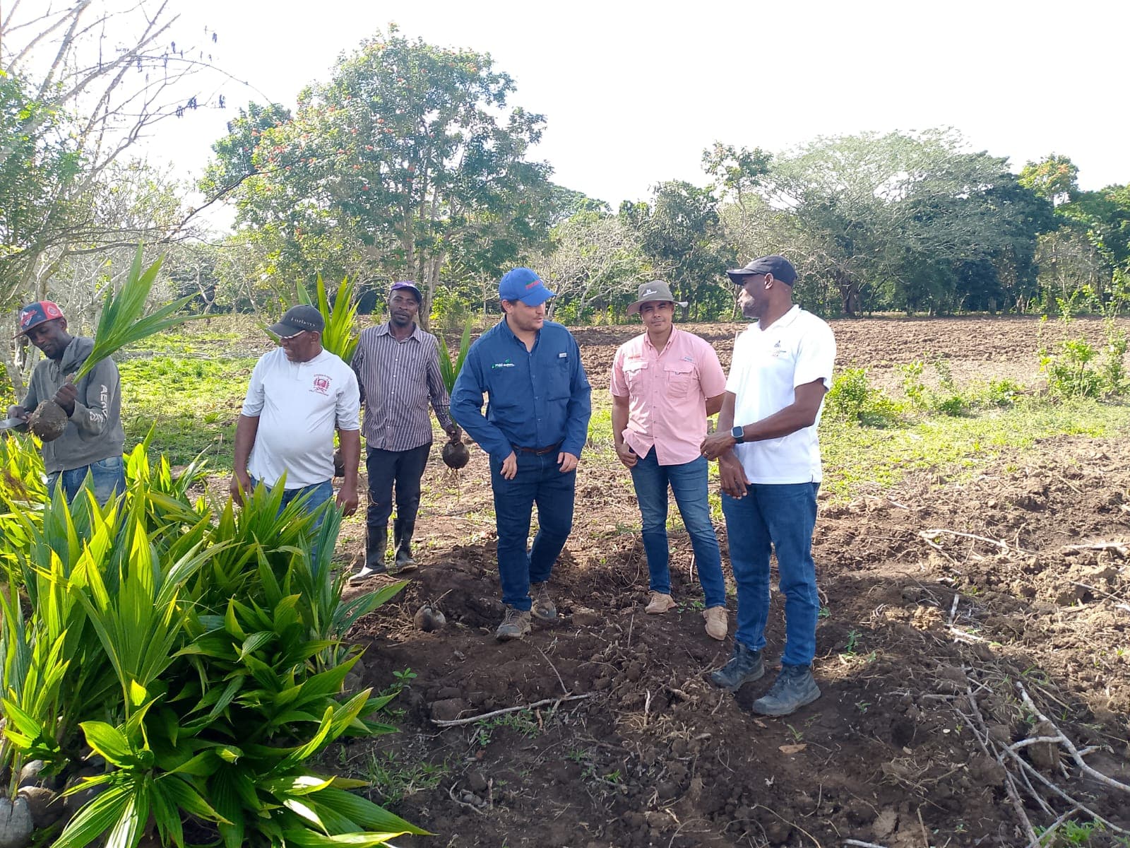 Grupo de personas reunidas en una jornada de campo y plantación.